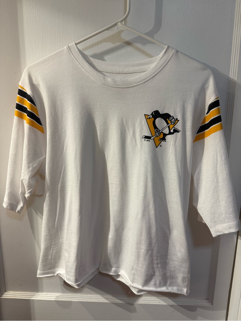 NHL White Crop Top with Yellow & Black Stripe Sleeves